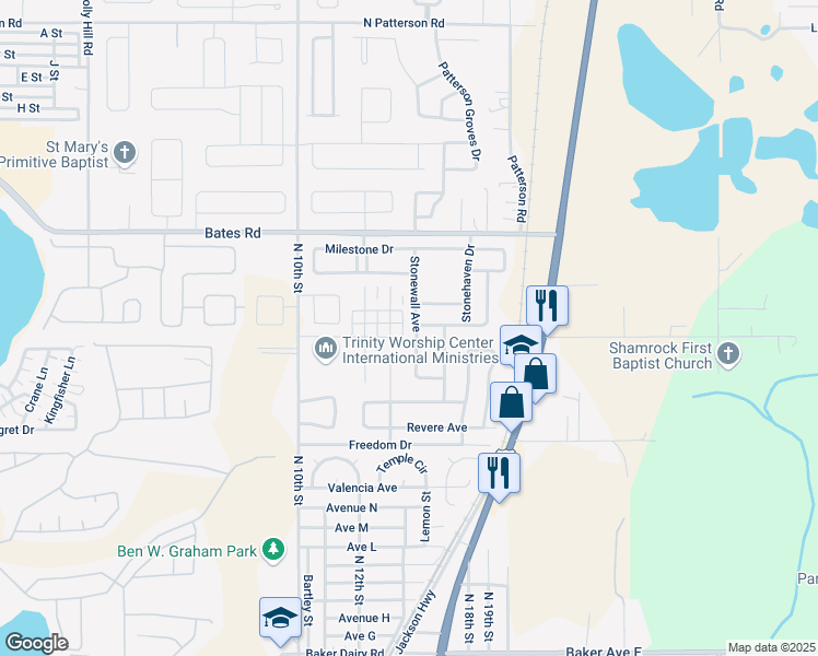 map of restaurants, bars, coffee shops, grocery stores, and more near 537 Stonewall Avenue in Haines City