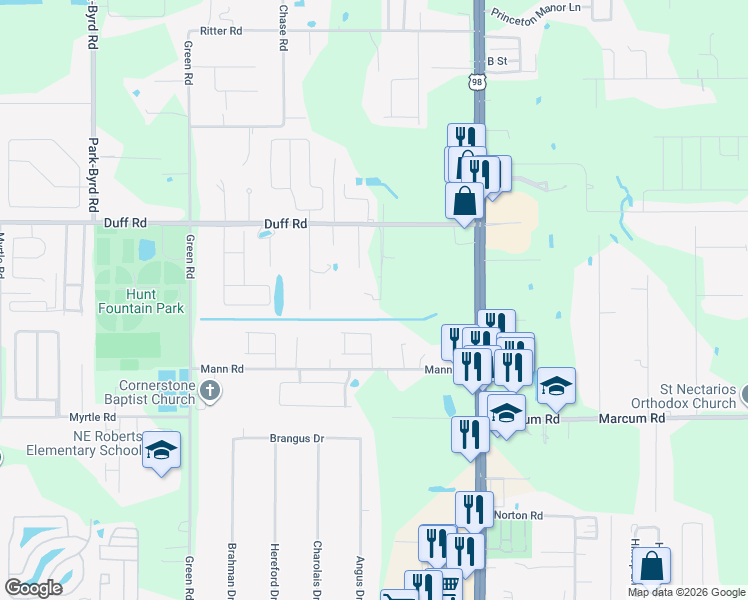map of restaurants, bars, coffee shops, grocery stores, and more near 1524 Duff Road in Lakeland