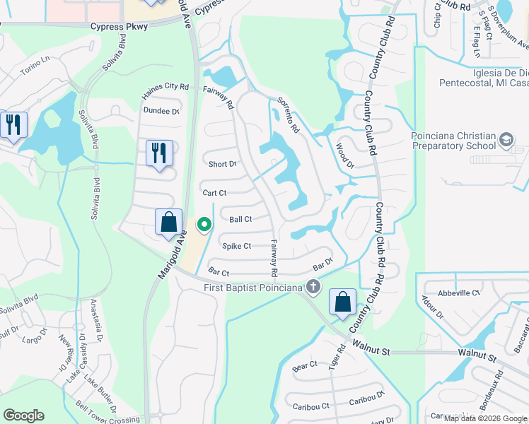 map of restaurants, bars, coffee shops, grocery stores, and more near 352 Sorrento Road in Kissimmee