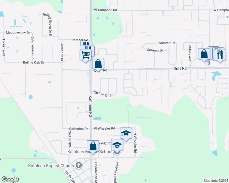 map of restaurants, bars, coffee shops, grocery stores, and more near 7110 Hileman Drive East in Lakeland