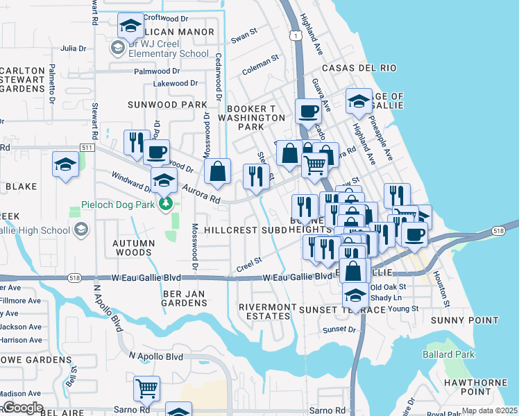 map of restaurants, bars, coffee shops, grocery stores, and more near 1577 Virginia Drive in Melbourne