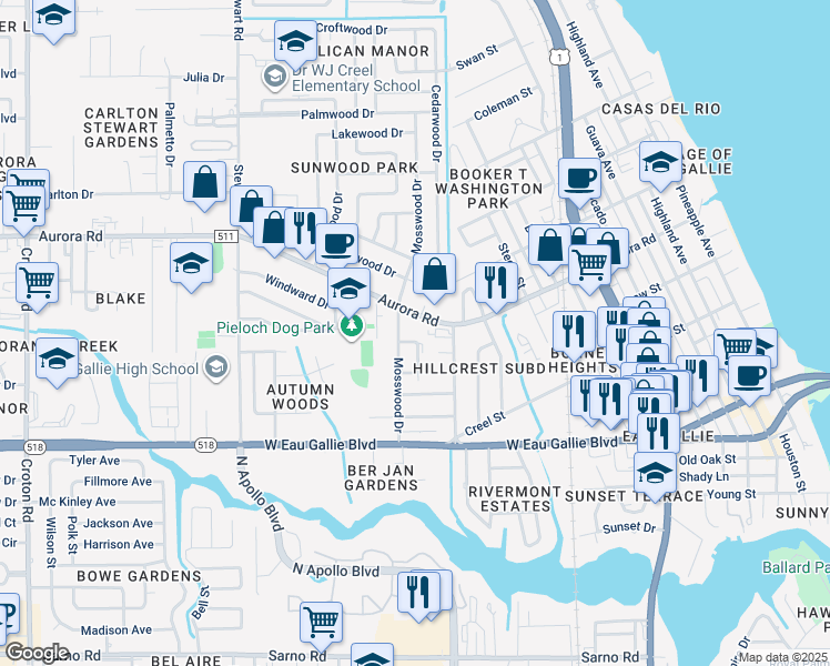 map of restaurants, bars, coffee shops, grocery stores, and more near 1125 Aurora Road in Melbourne