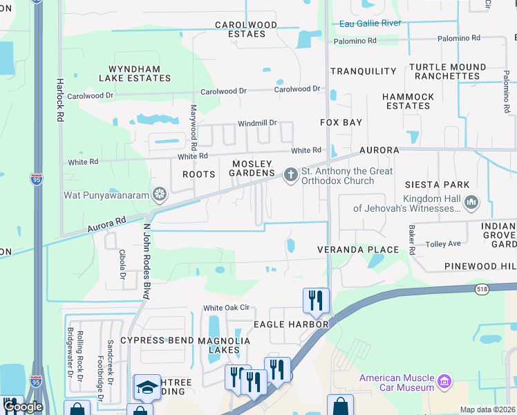 map of restaurants, bars, coffee shops, grocery stores, and more near 4155 Aurora Road in Melbourne