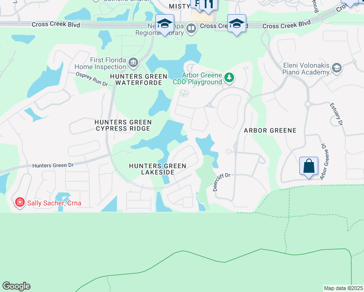 map of restaurants, bars, coffee shops, grocery stores, and more near 9428 Hunters Pond Drive in Tampa