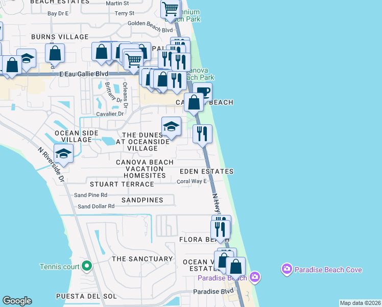 map of restaurants, bars, coffee shops, grocery stores, and more near 2900 North Highway A1A in Indialantic