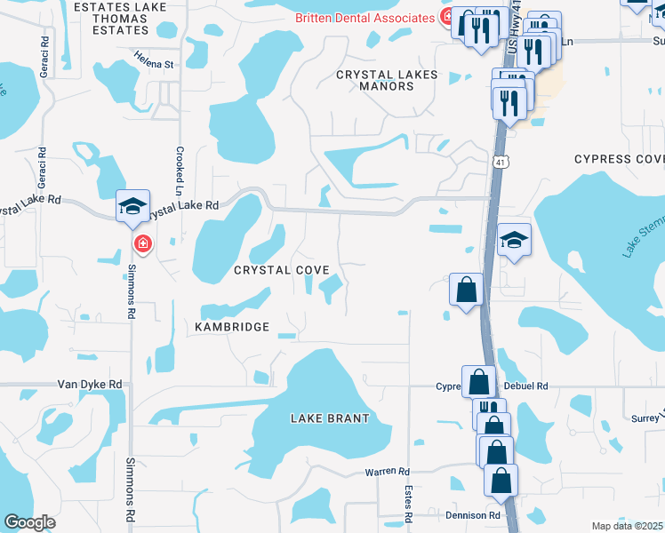 map of restaurants, bars, coffee shops, grocery stores, and more near 17822 Crystal Preserve Drive in Lutz