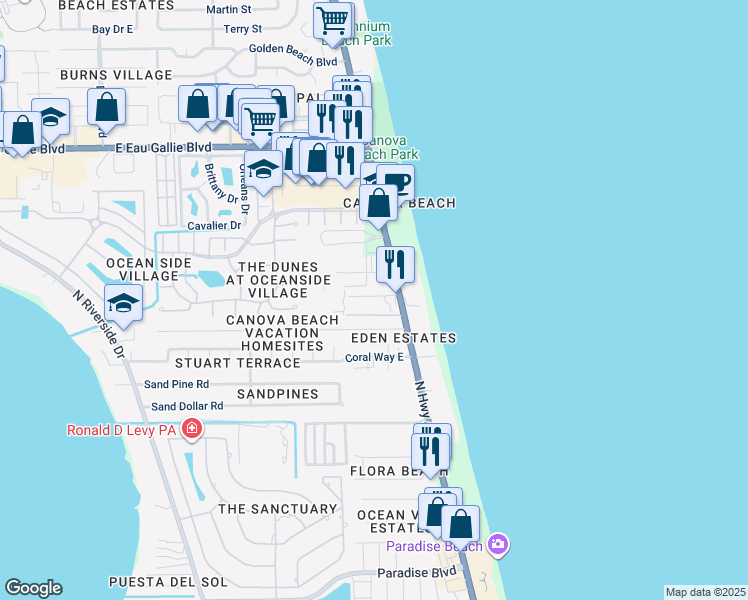 map of restaurants, bars, coffee shops, grocery stores, and more near 2900 North Highway A1A in Indialantic