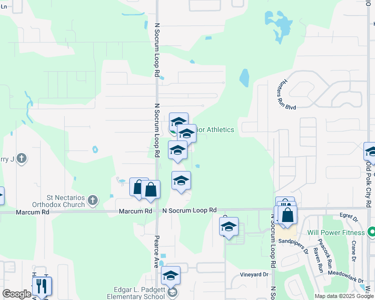 map of restaurants, bars, coffee shops, grocery stores, and more near 7007 North Socrum Loop Road in Lakeland