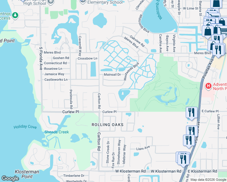 map of restaurants, bars, coffee shops, grocery stores, and more near 1140 Lancer Lane West in Tarpon Springs