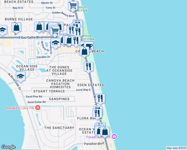 map of restaurants, bars, coffee shops, grocery stores, and more near 2875 Florida A1A in Indialantic
