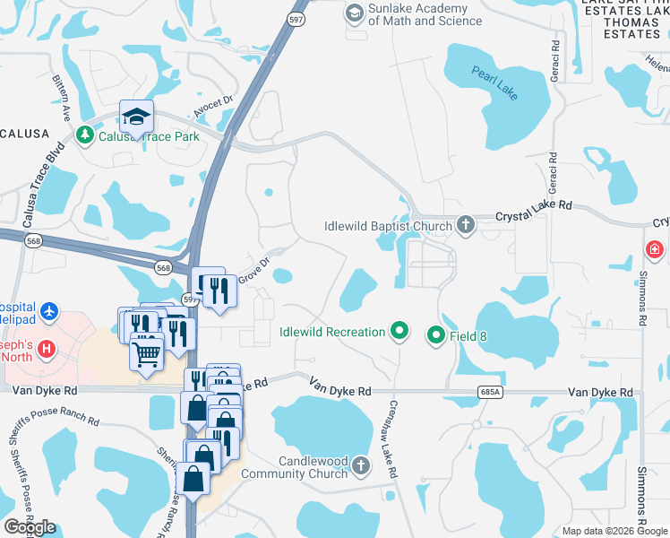 map of restaurants, bars, coffee shops, grocery stores, and more near 18021 Woodland View Drive in Lutz
