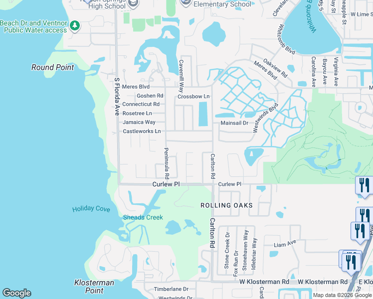 map of restaurants, bars, coffee shops, grocery stores, and more near 1301 Fir Court in Tarpon Springs