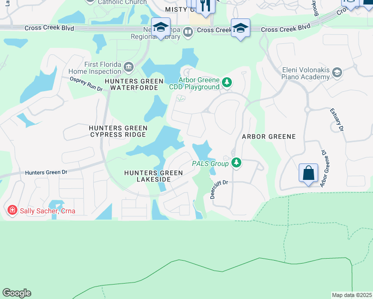 map of restaurants, bars, coffee shops, grocery stores, and more near 9434 Hunters Pond Drive in Tampa