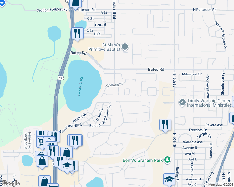 map of restaurants, bars, coffee shops, grocery stores, and more near 622 Copeland Drive in Haines City