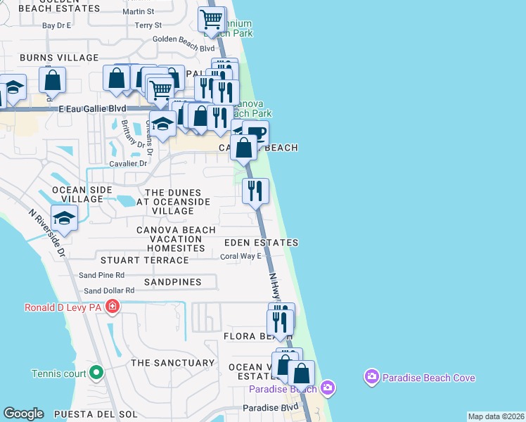 map of restaurants, bars, coffee shops, grocery stores, and more near 2925 Highway A1A in Indialantic