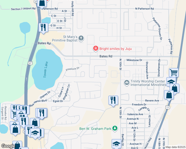 map of restaurants, bars, coffee shops, grocery stores, and more near 147 Minniehaha Circle in Haines City