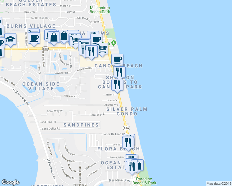 map of restaurants, bars, coffee shops, grocery stores, and more near 2930 North Highway A1A in Indialantic