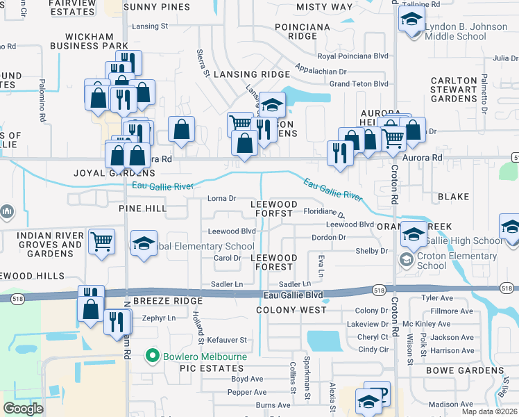 map of restaurants, bars, coffee shops, grocery stores, and more near 2547 Floridiane Drive in Melbourne