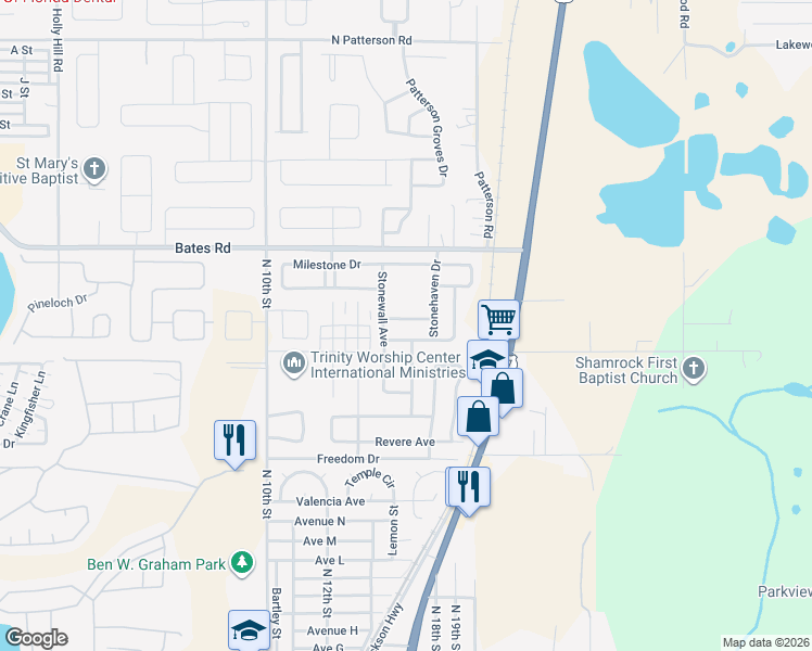 map of restaurants, bars, coffee shops, grocery stores, and more near 449 Hammerstone Avenue in Haines City