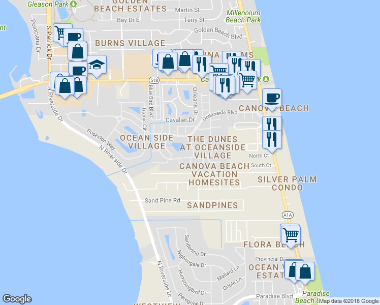 map of restaurants, bars, coffee shops, grocery stores, and more near 3022 Jacobaeus Lane in Indialantic