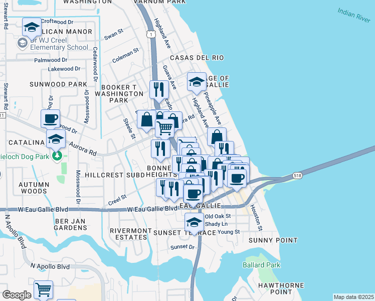 map of restaurants, bars, coffee shops, grocery stores, and more near 1649 Avocado Avenue in Melbourne