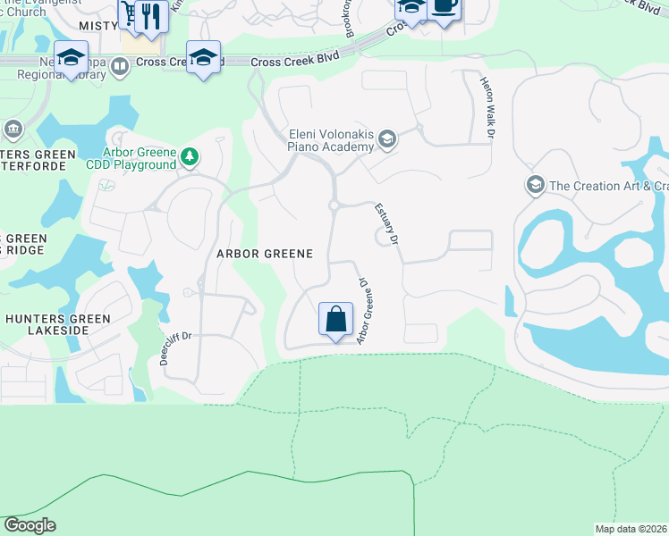 map of restaurants, bars, coffee shops, grocery stores, and more near 17808 Arbor Greene Drive in Tampa