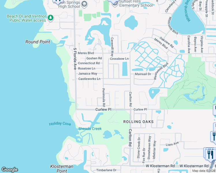 map of restaurants, bars, coffee shops, grocery stores, and more near 1317 Castleworks Lane in Tarpon Springs