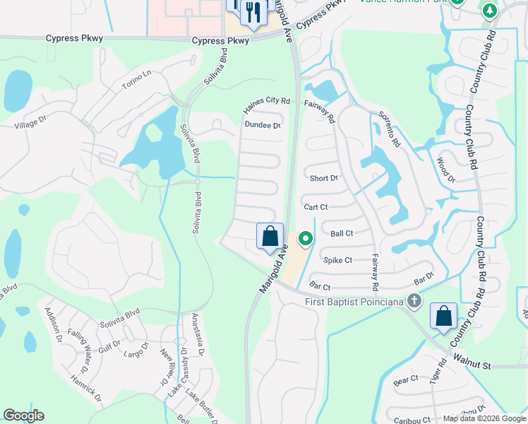 map of restaurants, bars, coffee shops, grocery stores, and more near 316 Jacksonville Court in Kissimmee