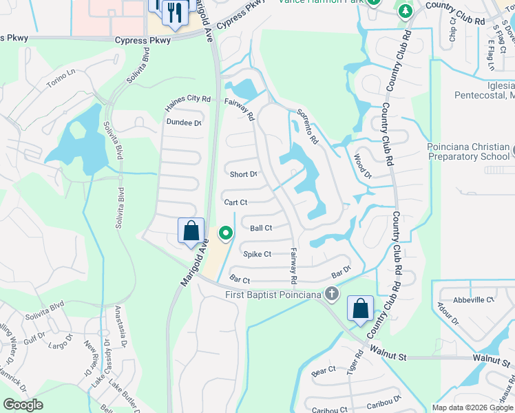 map of restaurants, bars, coffee shops, grocery stores, and more near 460 Cart Court in Kissimmee
