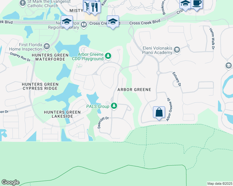 map of restaurants, bars, coffee shops, grocery stores, and more near 17918 Timber View Street in Tampa