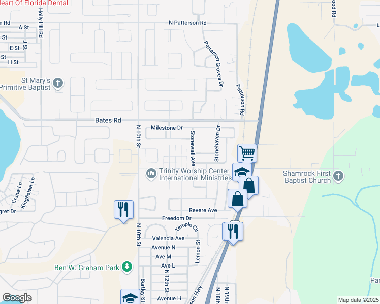 map of restaurants, bars, coffee shops, grocery stores, and more near 549 Stonewall Avenue in Haines City