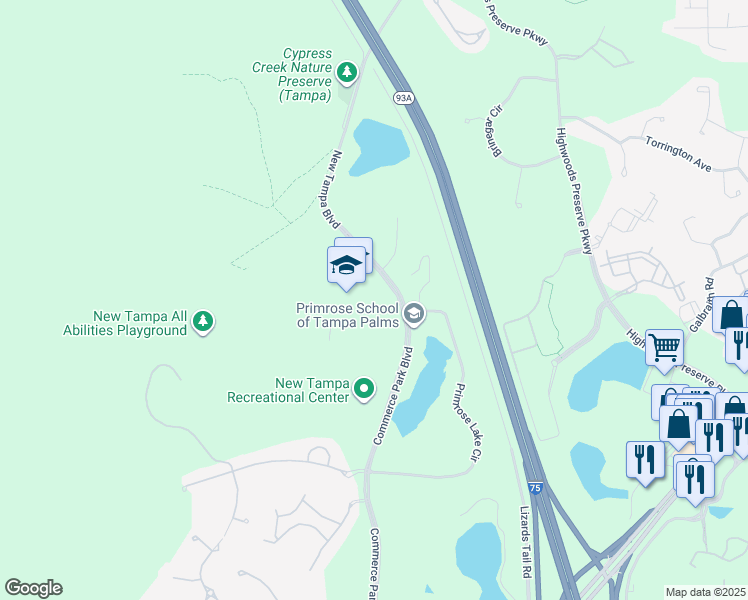 map of restaurants, bars, coffee shops, grocery stores, and more near 17400 Commerce Park Boulevard in Tampa