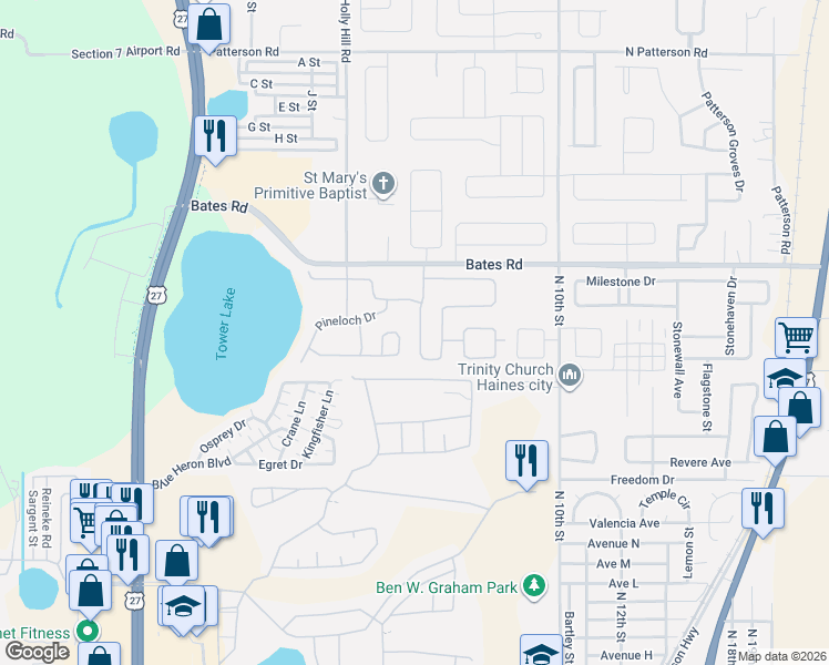 map of restaurants, bars, coffee shops, grocery stores, and more near 124 Minniehaha Circle in Haines City