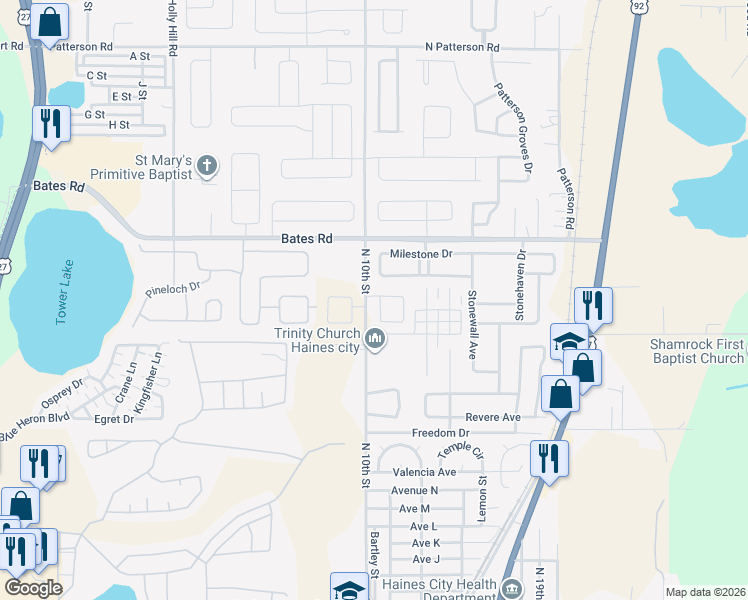 map of restaurants, bars, coffee shops, grocery stores, and more near 316 Rooks Loop in Haines City