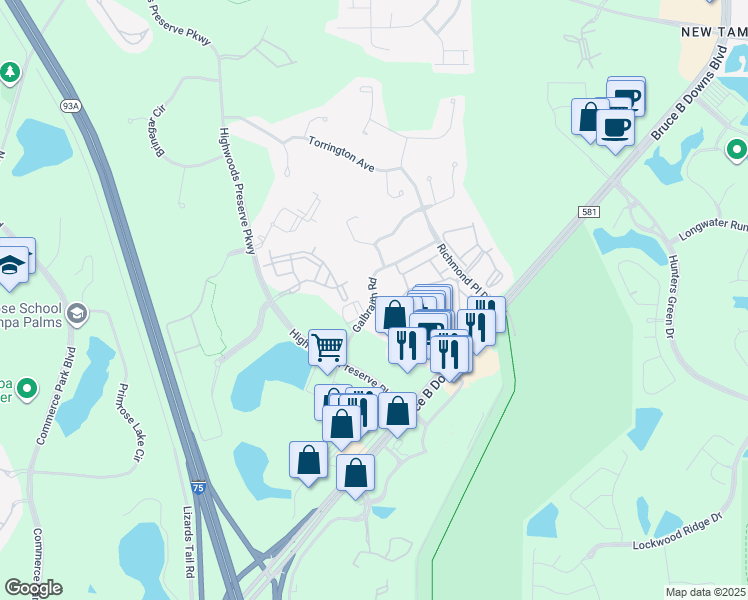 map of restaurants, bars, coffee shops, grocery stores, and more near Galbraith Road in Tampa
