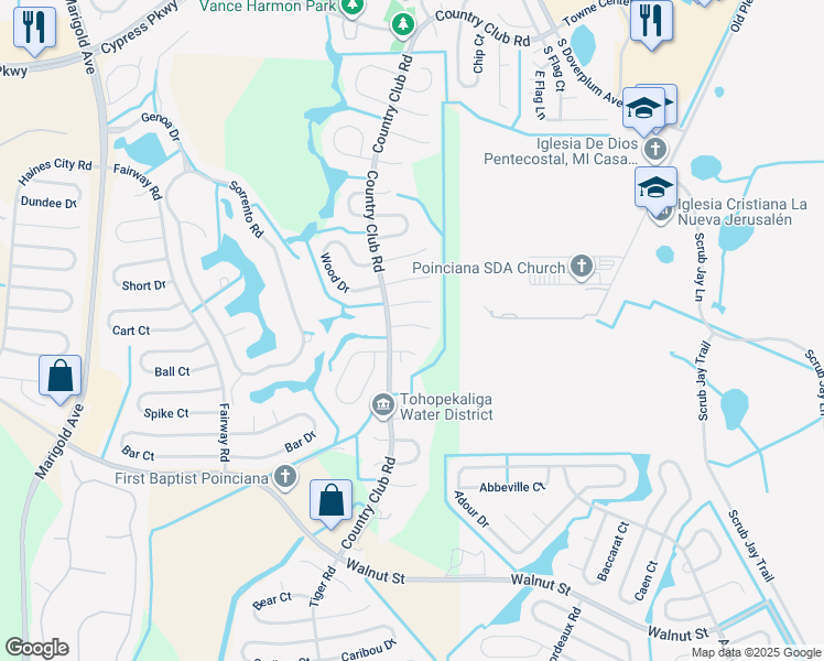 map of restaurants, bars, coffee shops, grocery stores, and more near 708 Tournament Lane in Kissimmee