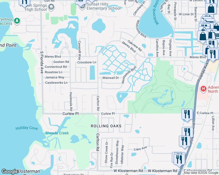 map of restaurants, bars, coffee shops, grocery stores, and more near 1118 Captains Way in Tarpon Springs