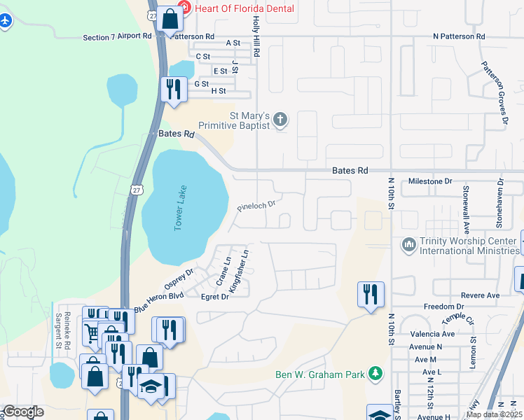 map of restaurants, bars, coffee shops, grocery stores, and more near 522 Pineloch Drive in Haines City