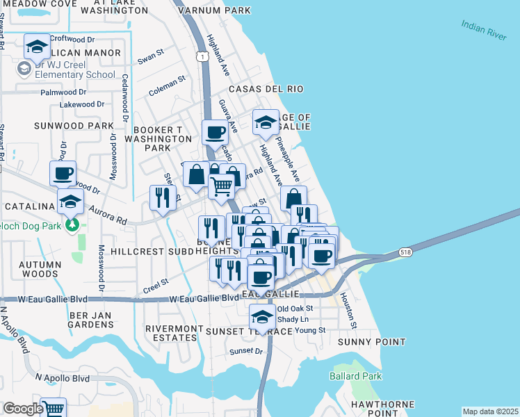 map of restaurants, bars, coffee shops, grocery stores, and more near 1649 Avocado Avenue in Melbourne