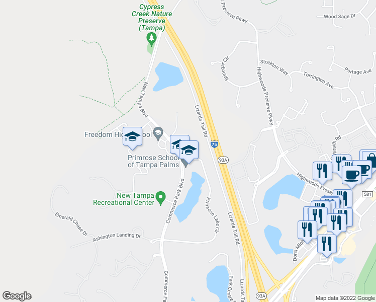 map of restaurants, bars, coffee shops, grocery stores, and more near Brookside Trace Court in Tampa