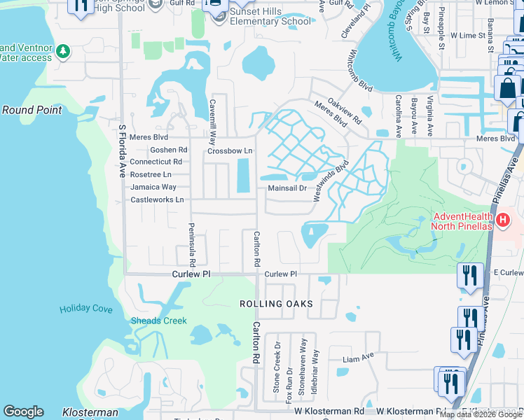 map of restaurants, bars, coffee shops, grocery stores, and more near 1201 Castleworks Lane in Tarpon Springs