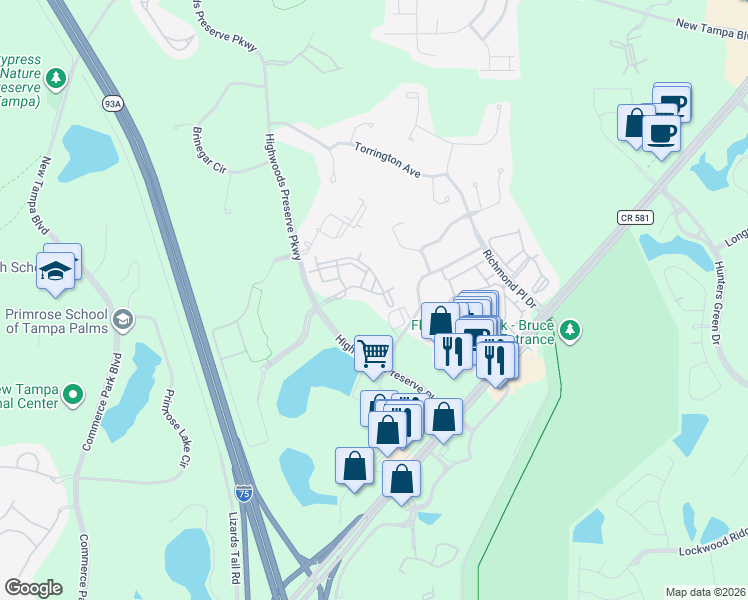 map of restaurants, bars, coffee shops, grocery stores, and more near 18139 Bridle Club Drive in Tampa