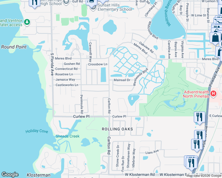 map of restaurants, bars, coffee shops, grocery stores, and more near 1201 Castleworks Lane in Tarpon Springs