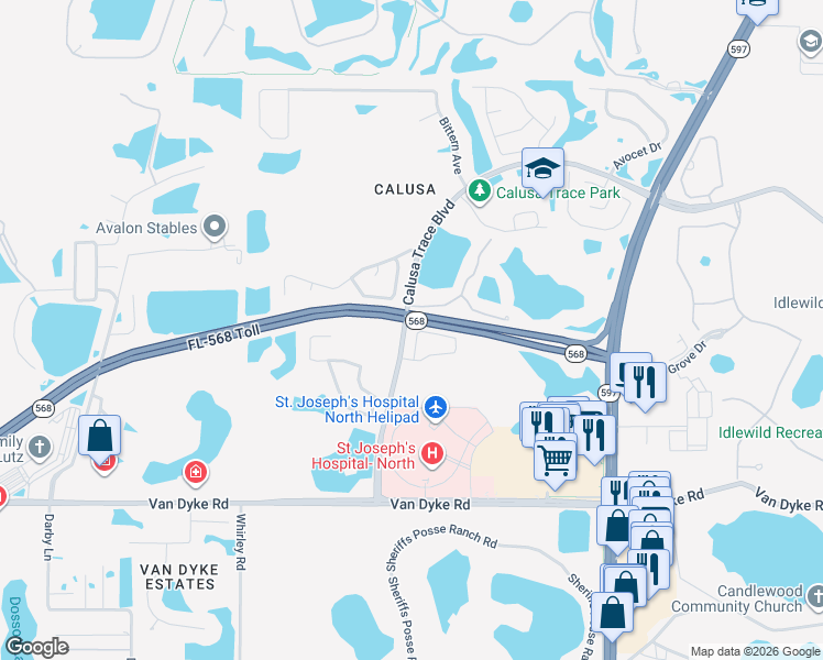 map of restaurants, bars, coffee shops, grocery stores, and more near 4214 Pine Isle Drive in Lutz
