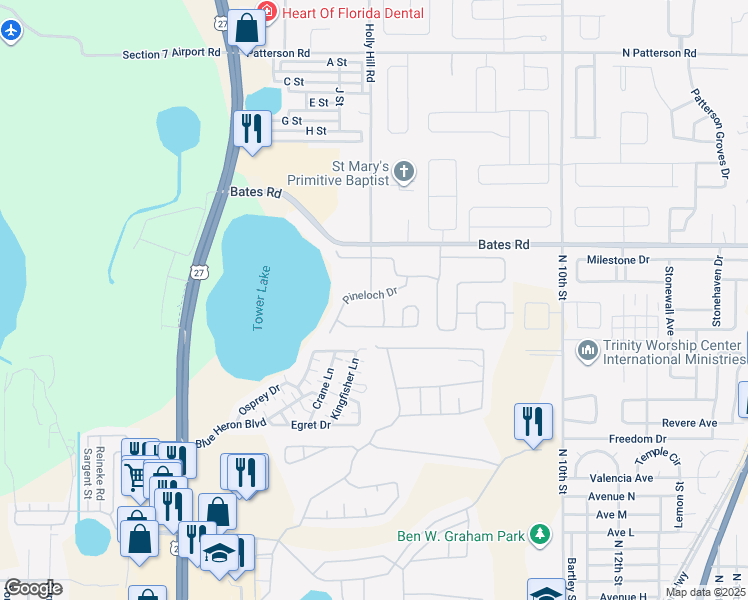 map of restaurants, bars, coffee shops, grocery stores, and more near 522 Pineloch Drive in Haines City
