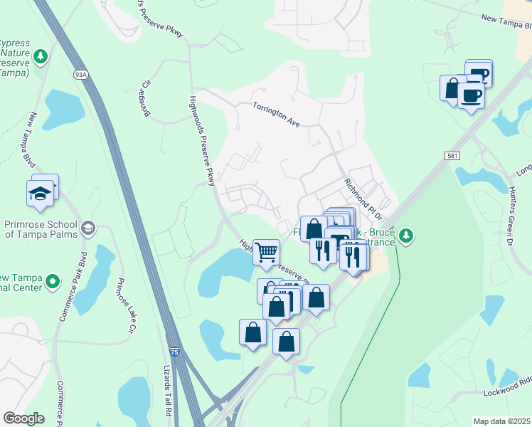 map of restaurants, bars, coffee shops, grocery stores, and more near 18139 Bridle Club Drive in Tampa