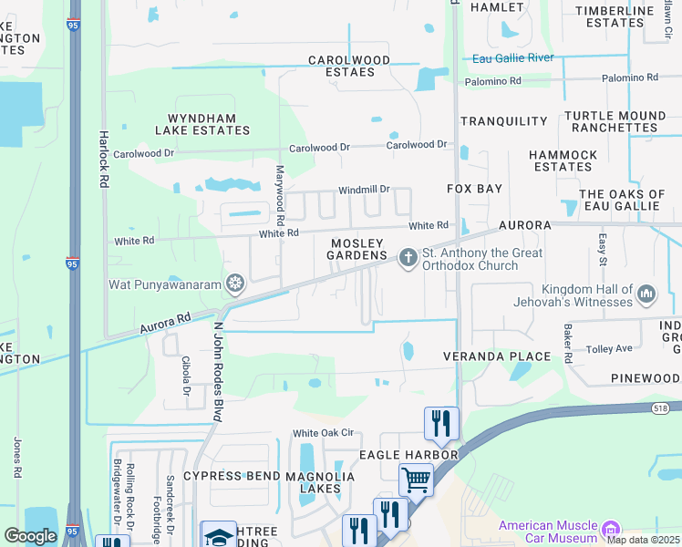 map of restaurants, bars, coffee shops, grocery stores, and more near 4155 Aurora Road in Melbourne