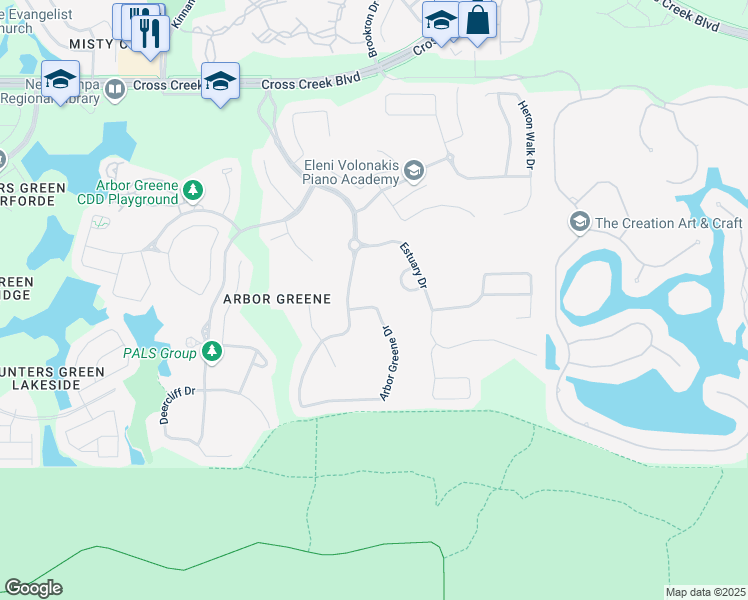 map of restaurants, bars, coffee shops, grocery stores, and more near 17808 Arbor Greene Drive in Tampa