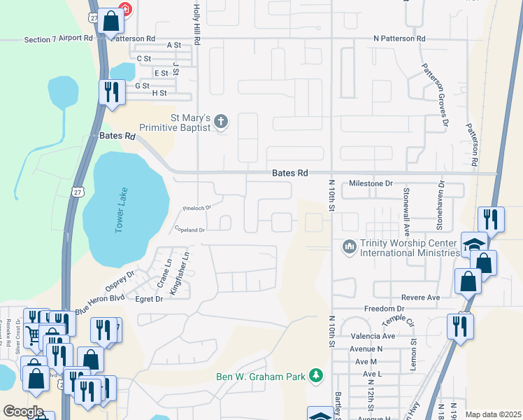 map of restaurants, bars, coffee shops, grocery stores, and more near 171 Minniehaha Circle in Haines City