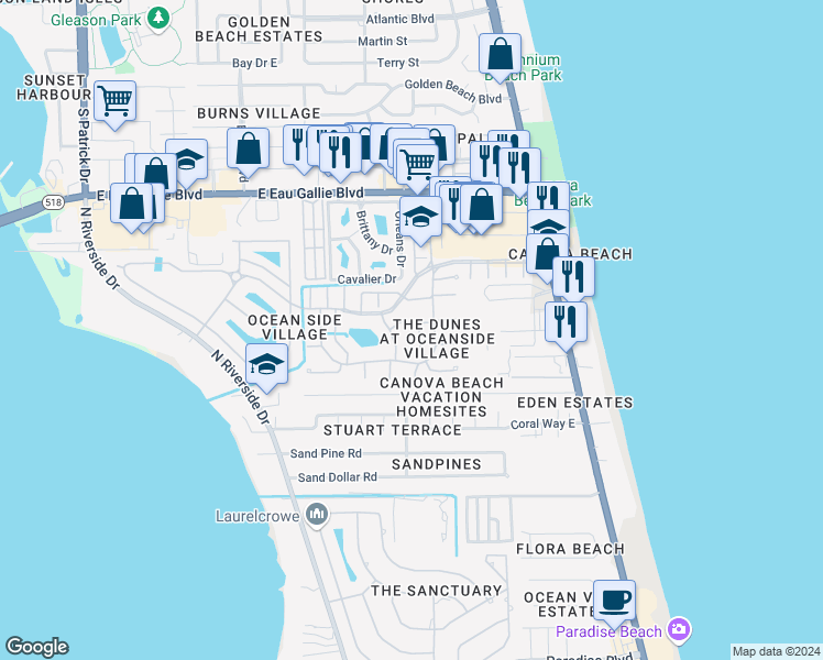 map of restaurants, bars, coffee shops, grocery stores, and more near 3070 Purple Martin Lane in Indialantic